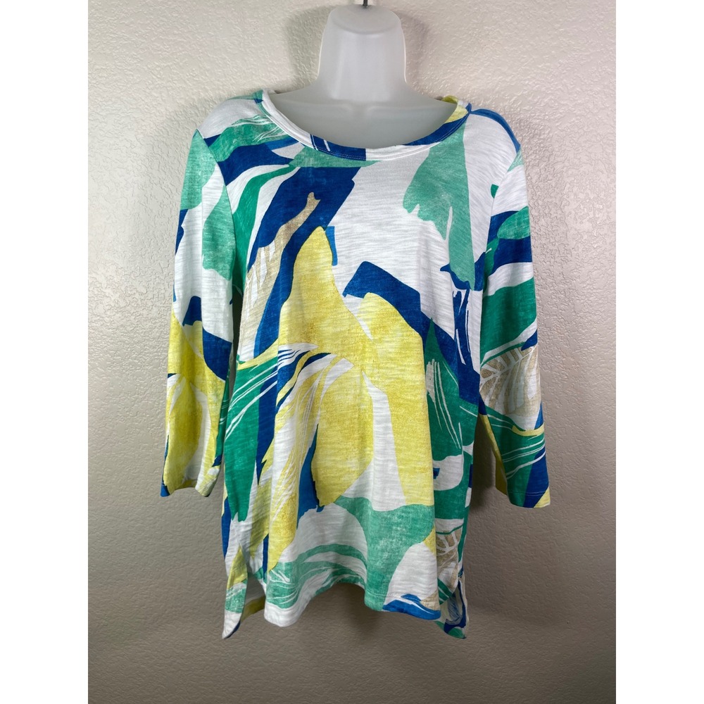 Chicos 2 US Large Top Green Yellow Tropical Leaf Print 3/4 Sleeve Slub Knit
